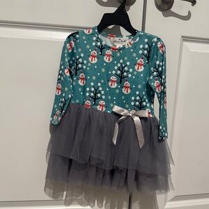 Snowman Print Kids Casual Dress - Teal and Gray